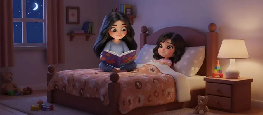La madre de Valentina le lee un cuento sentada en la cama antes de dormir, con la luna asomando por la ventana