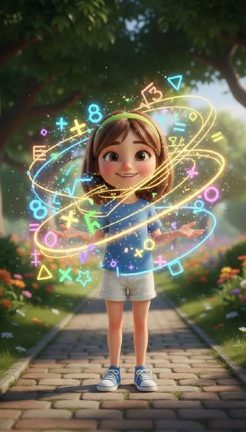 Valeria, de pie en un camino del jardín, aparece rodeada de anillos luminosos con números y símbolos de colores