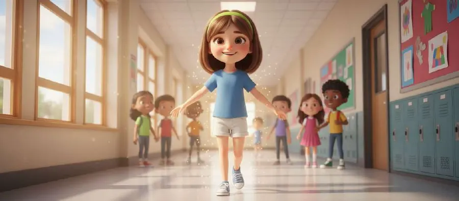 Valeria camina sonriente por el pasillo del colegio con sus compañeros detrás