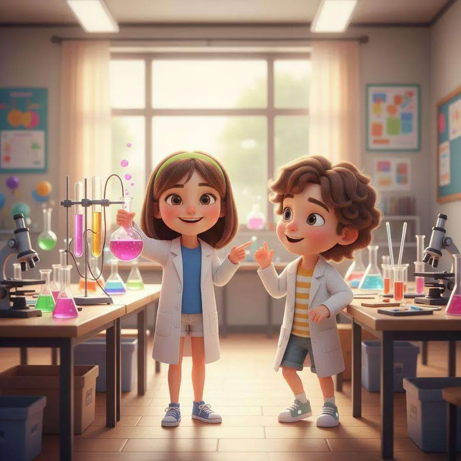 Valeria y un compañero, con batas blancas, sostienen matraces de colores en el laboratorio del colegio