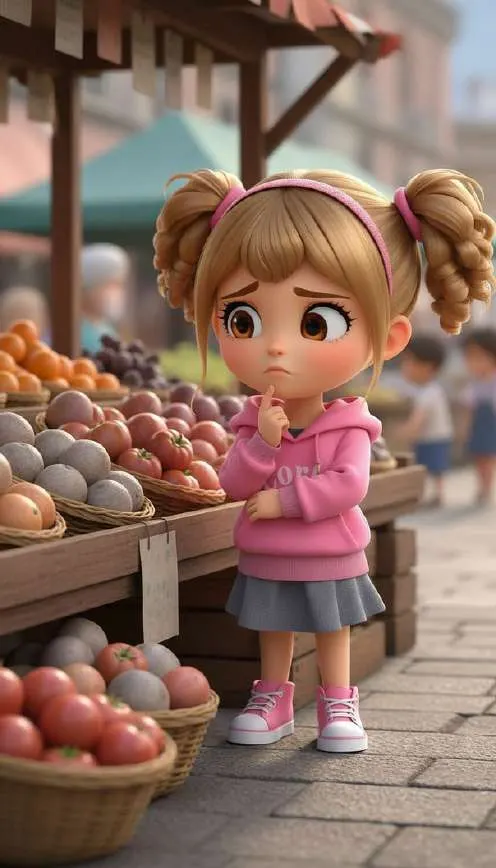 Una niña de coletas se lleva la mano a la barbilla frente a un puesto de mercado donde las frutas han perdido el color