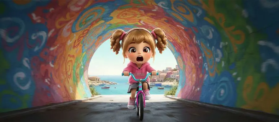 Una niña cruza en su scooter un túnel cubierto de murales de colores con el puerto al fondo