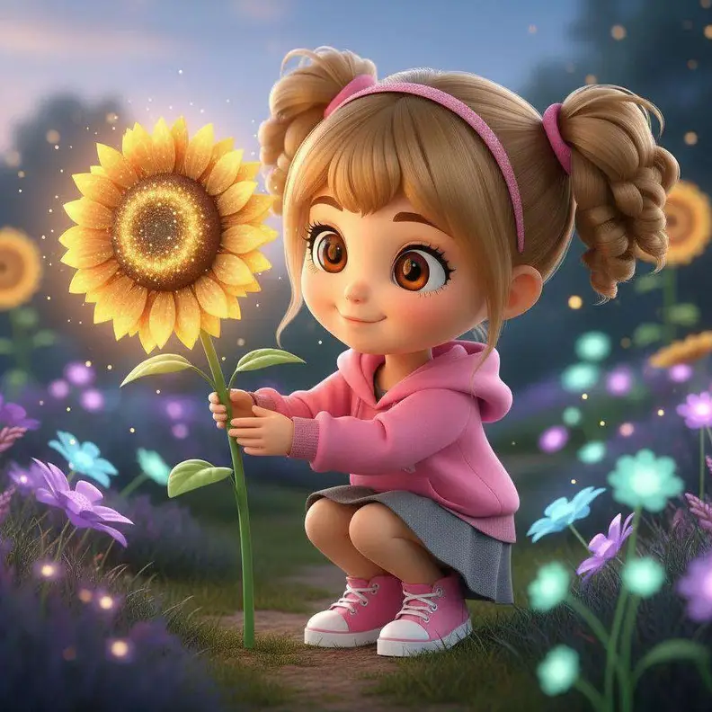Una niña sostiene con las dos manos un girasol gigante entre flores que brillan en la penumbra