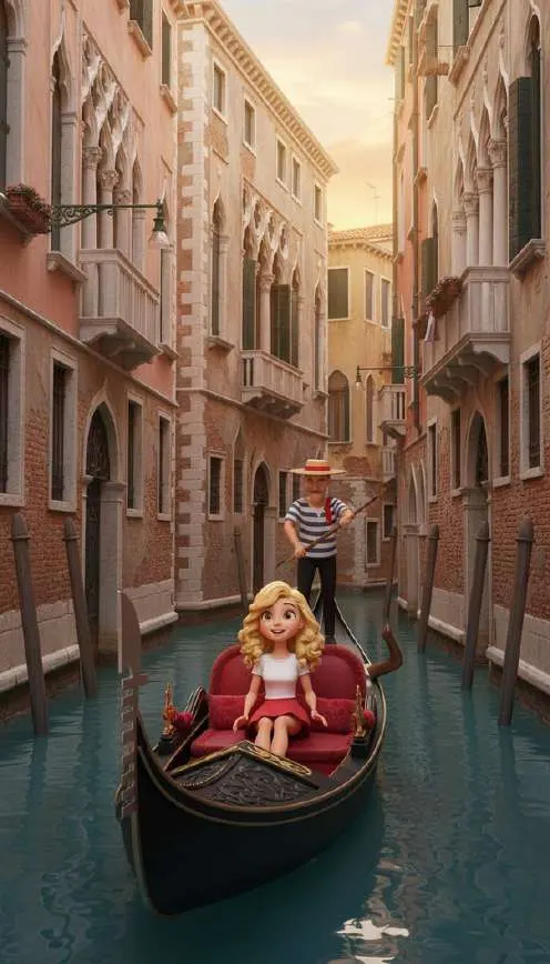Una mujer navega en góndola por un canal estrecho de Venecia mientras el gondolero rema