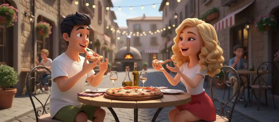 Una pareja comparte una pizza en la terraza de una plaza italiana bajo guirnaldas de bombillas