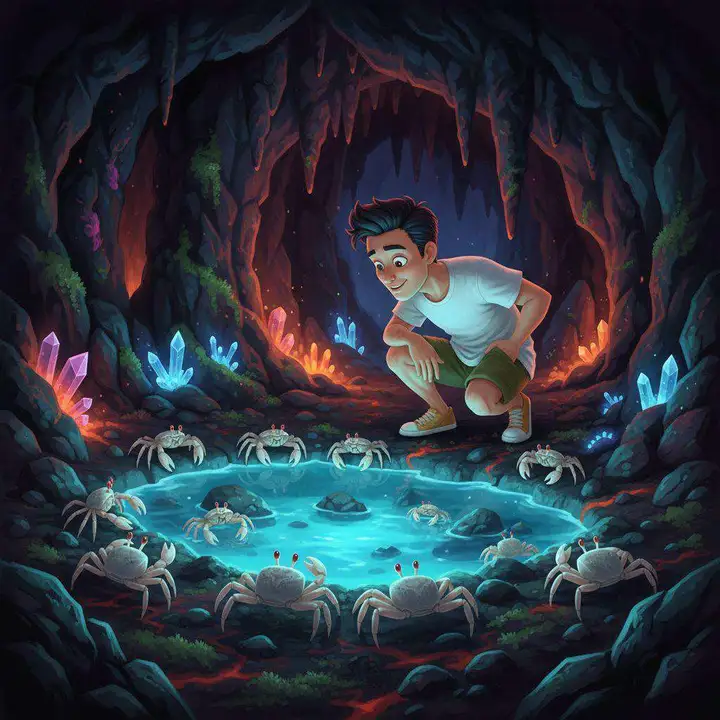Un hombre observa los cangrejos blancos de una laguna subterránea en una cueva volcánica iluminada de azul