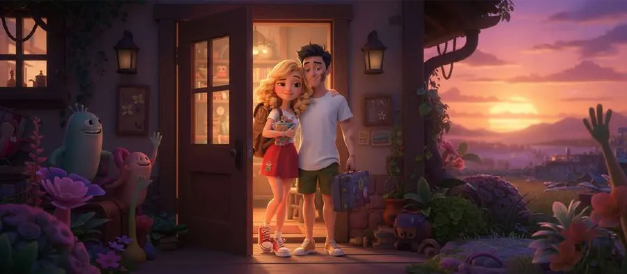 Una pareja se despide en la puerta iluminada de una casa mientras el sol se pone al fondo