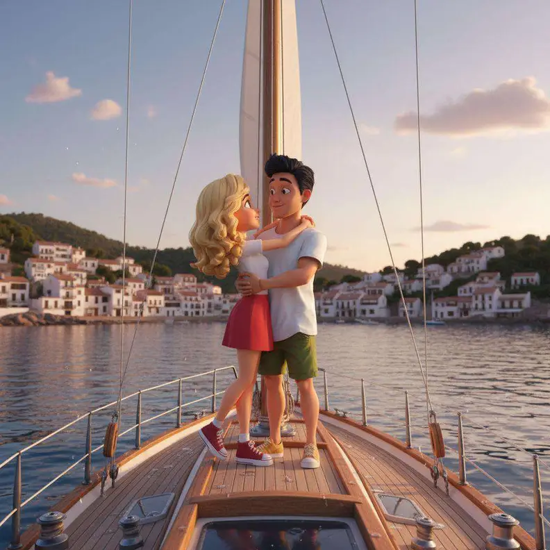 Una pareja se abraza en la proa del velero al amanecer, con un pueblo blanco de casas al fondo