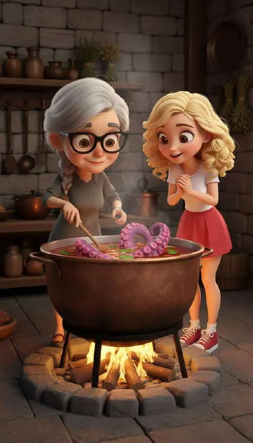 Una abuela cuece pulpo en una olla de cobre sobre el fuego mientras una joven la observa fascinada