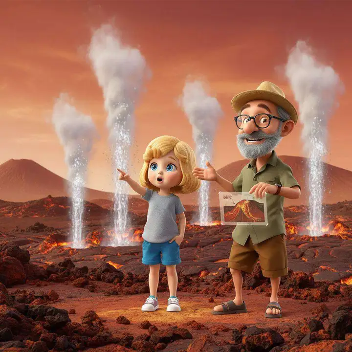 Una niña señala asombrada los géiseres de vapor de un paisaje volcánico mientras su abuelo se lo explica