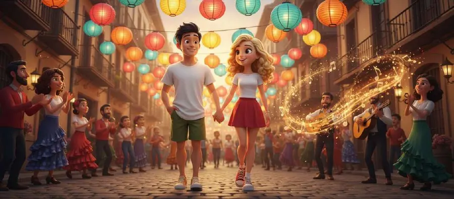 Una pareja camina de la mano por una calle de feria cubierta de faroles de colores, entre gente bailando
