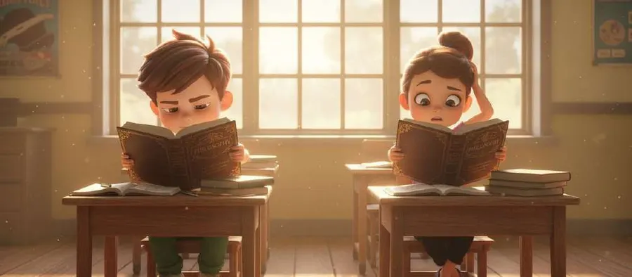 Dos niños leen gruesos libros antiguos en sus pupitres, con la luz de la mañana entrando por los ventanales del aula