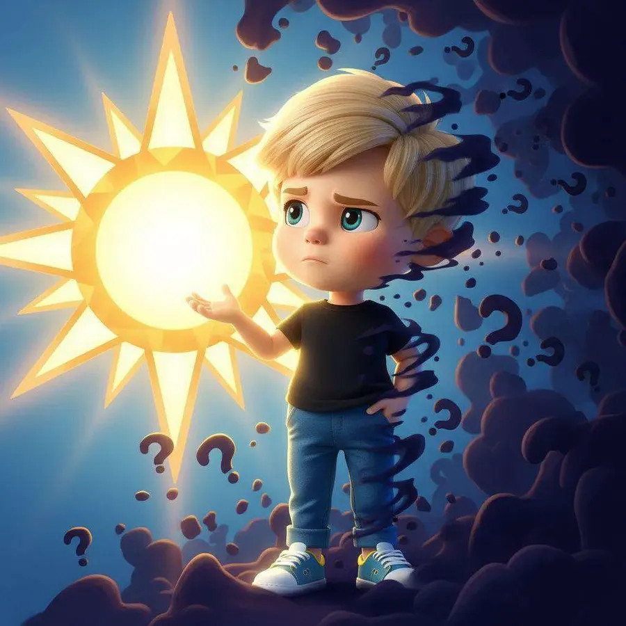 Un niño con la mano tendida hacia un sol enorme mientras a su espalda se acumula una nube oscura llena de interrogantes