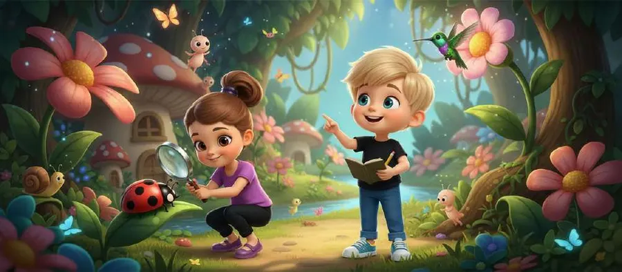Dos niños observan con una lupa insectos y flores gigantes en un jardín lleno de mariposas y colibríes