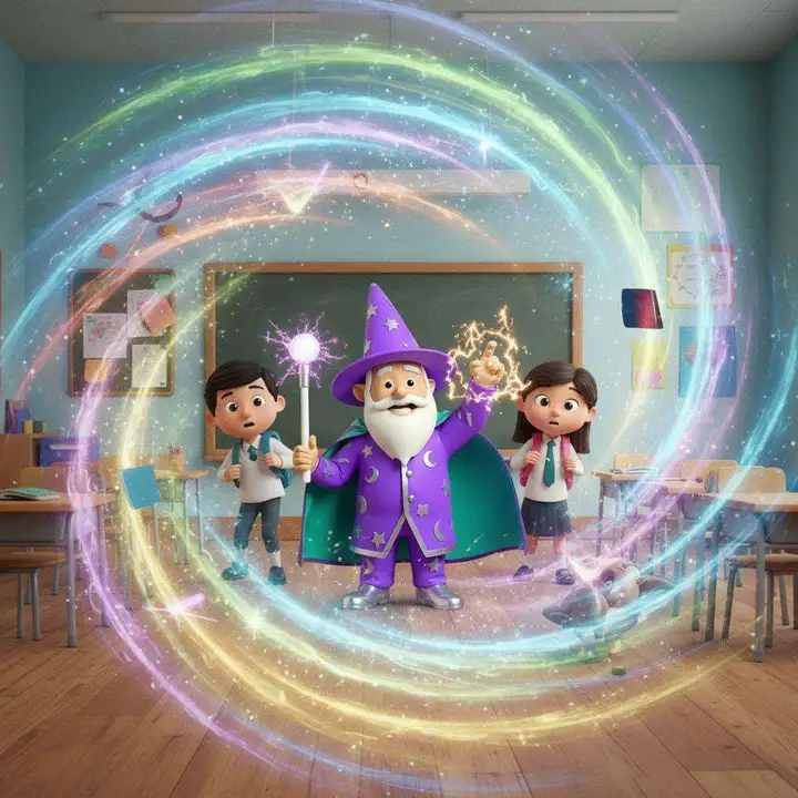 El Mago Crea Cuentos alza su varita en medio del aula mientras un remolino de luz de colores envuelve a los tres niños