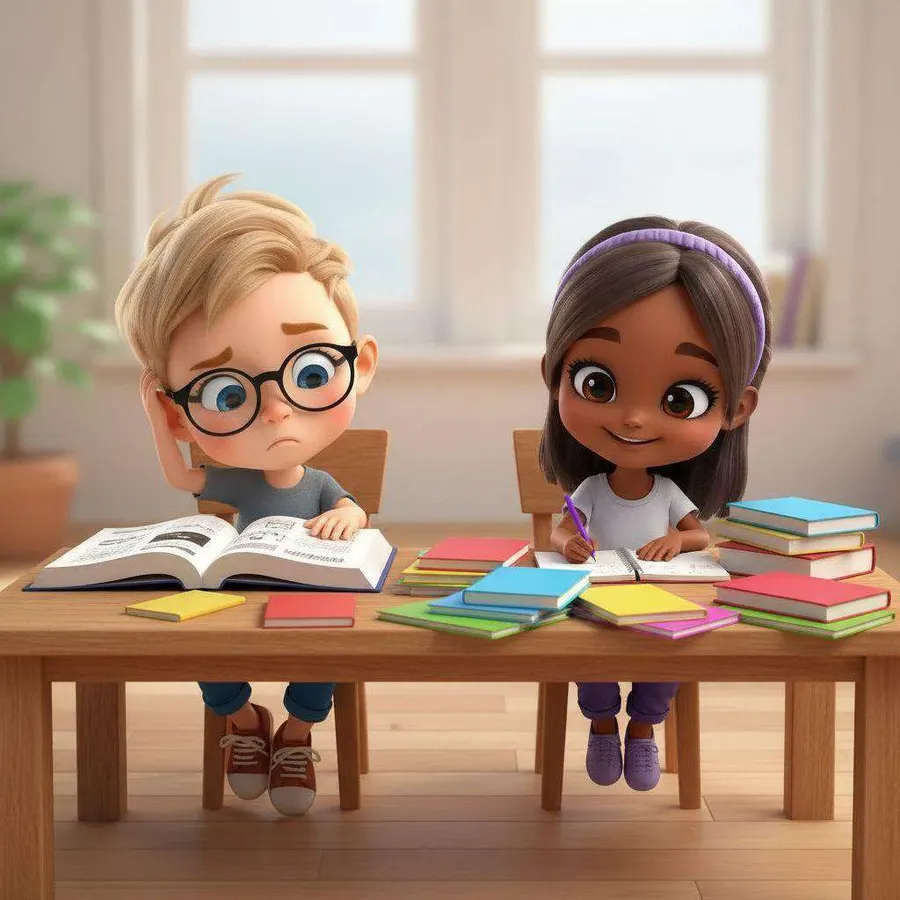 Dos niños con cara de agobio miran un libro enorme abierto sobre una mesa llena de cuadernos de colores