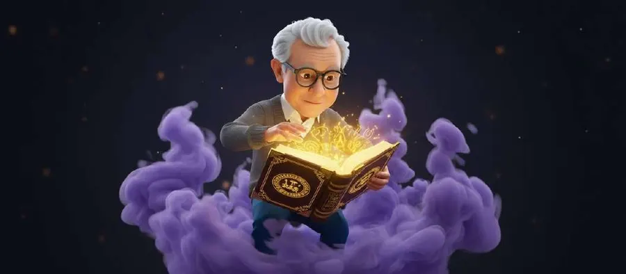Un abuelo sostiene un libro abierto del que brota luz dorada entre nubes de humo violeta