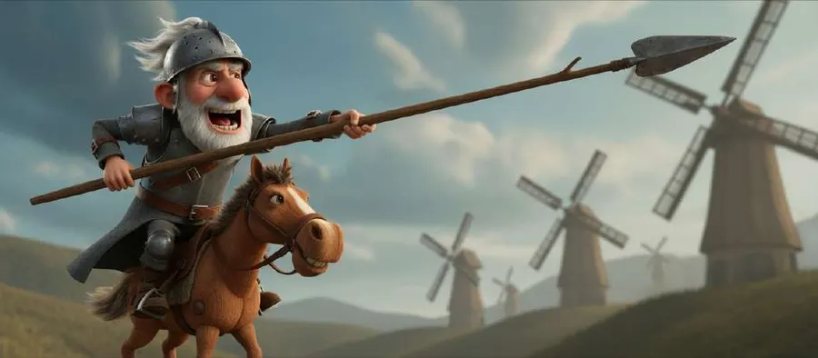 Don Quijote carga a caballo con la lanza en alto contra unos molinos de viento