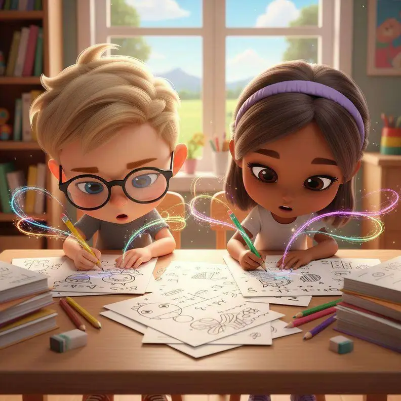Dos niños escriben concentrados sobre folios mientras finos hilos de luz salen de sus lápices