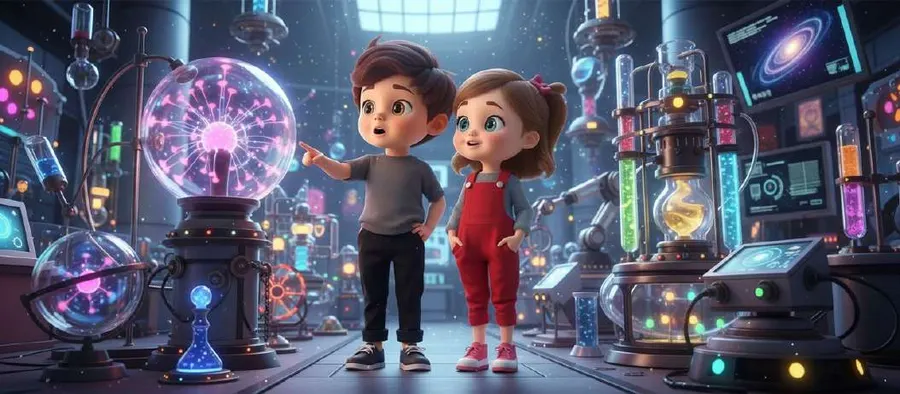 Dos hermanos recorren una exposición de ciencia llena de máquinas iluminadas y una gran bola de plasma rosa