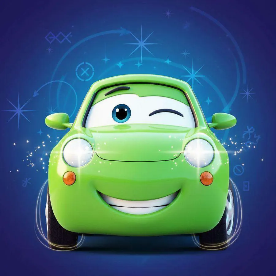 Un coche verde con ojos grandes guiña un ojo sobre un fondo azul lleno de estrellas y símbolos brillantes