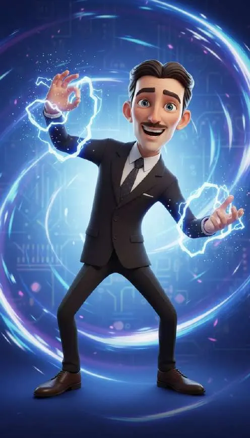 Nikola Tesla, con traje oscuro, sostiene arcos de electricidad azul entre las manos dentro de una esfera luminosa
