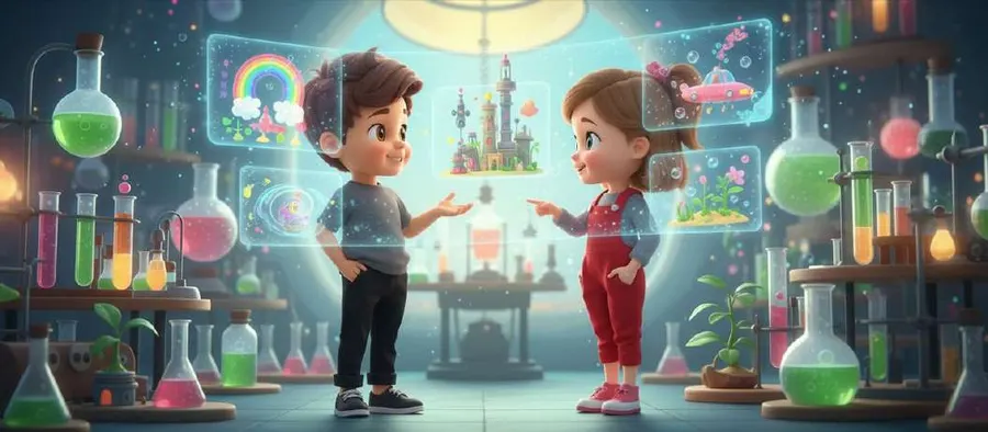 Carlos y Adri se miran en un laboratorio moderno lleno de probetas de colores y pantallas flotantes con dibujos