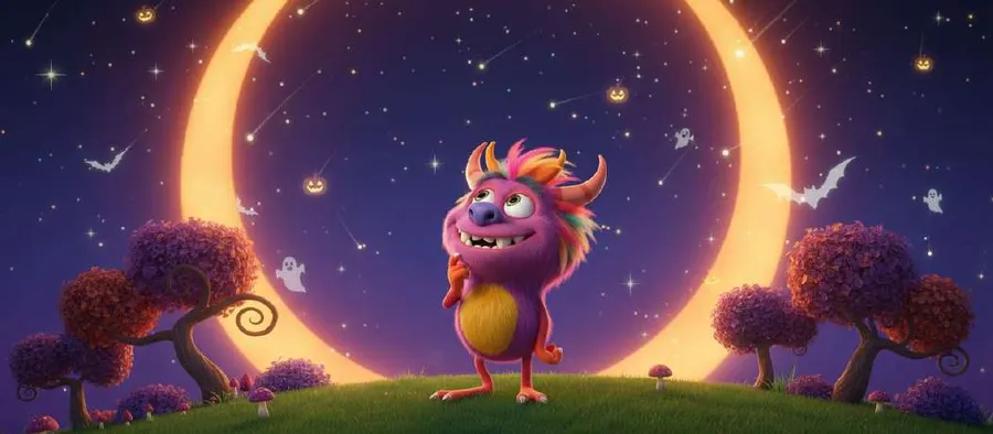 Un monstruito morado de melena de colores contempla una enorme luna naranja sobre una colina, entre fantasmas y murciélagos