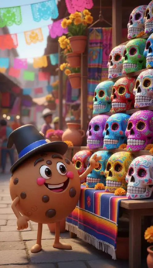 Un personaje con forma de galleta y sombrero de copa admira un puesto de calaveras de azúcar decoradas de colores en un mercado