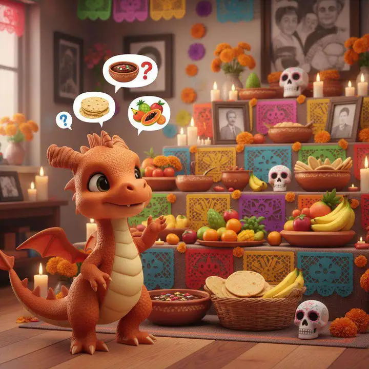 Un dragoncito naranja contempla un altar escalonado de papel picado cargado de fruta, pan, tortillas y calaveras de azúcar