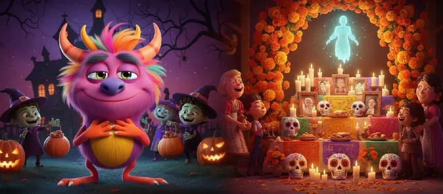 Bibo y sus amigos observan un altar de flores naranjas y velas del que se eleva la silueta luminosa de un espíritu