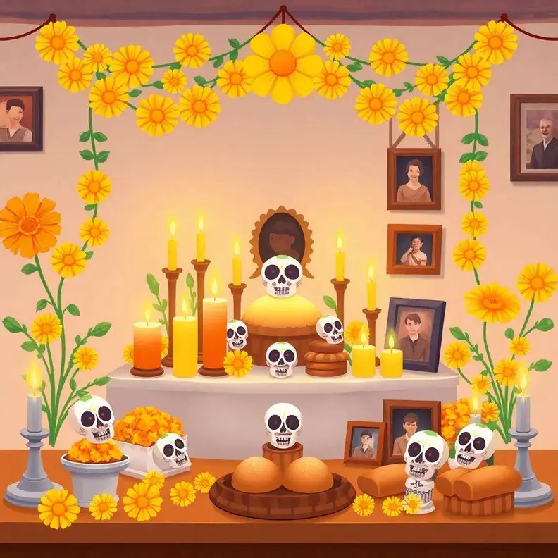 Una ofrenda casera con velas encendidas, pan de muerto, calaveras de azúcar y guirnaldas de flores naranjas junto a retratos familiares