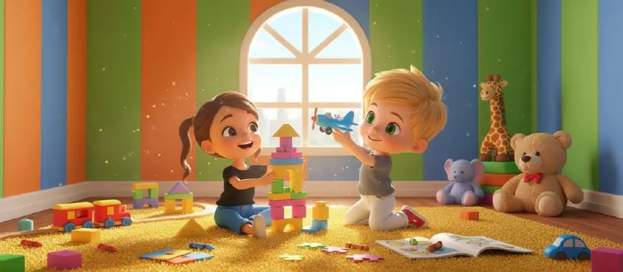 Cuatro primos juegan en el suelo de un cuarto de juegos lleno de juguetes, con la luz entrando por la ventana