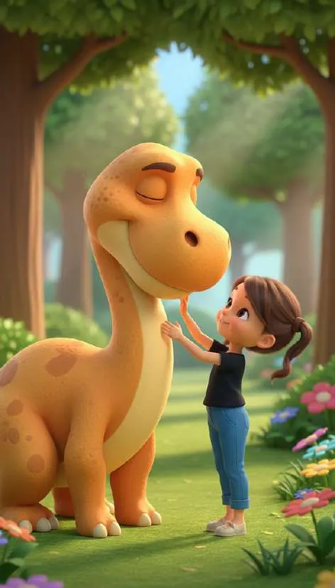 Una niña acaricia el hocico de un diplodocus amarillo de cuello larguísimo en un claro soleado