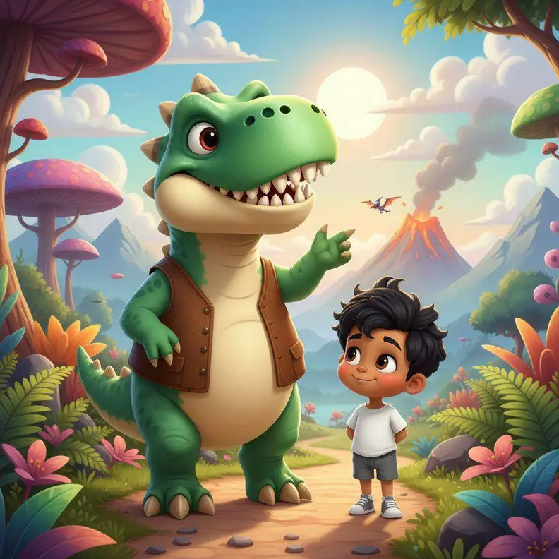 Un tiranosaurio verde con chaleco saluda amistosamente a un niño en un valle de flores y volcanes lejanos