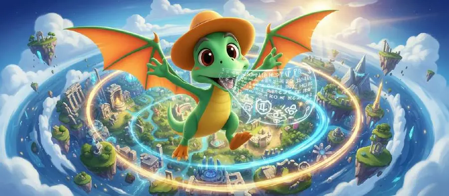 El pterodáctilo verde vuela con sombrero de explorador sobre un mundo circular con montañas, lagos y dinosaurios diminutos
