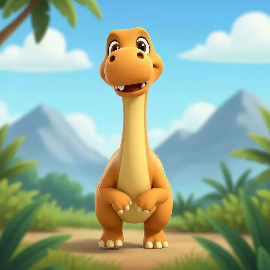 Un diplodocus amarillo espera erguido en un valle con montañas al fondo, esperando una respuesta