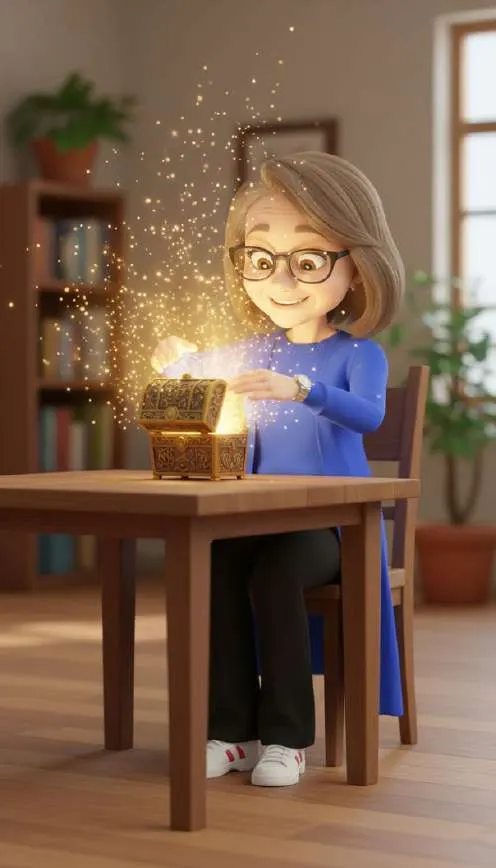 Mamá abre sobre la mesa una cajita dorada de la que sale un destello de luz y partículas brillantes