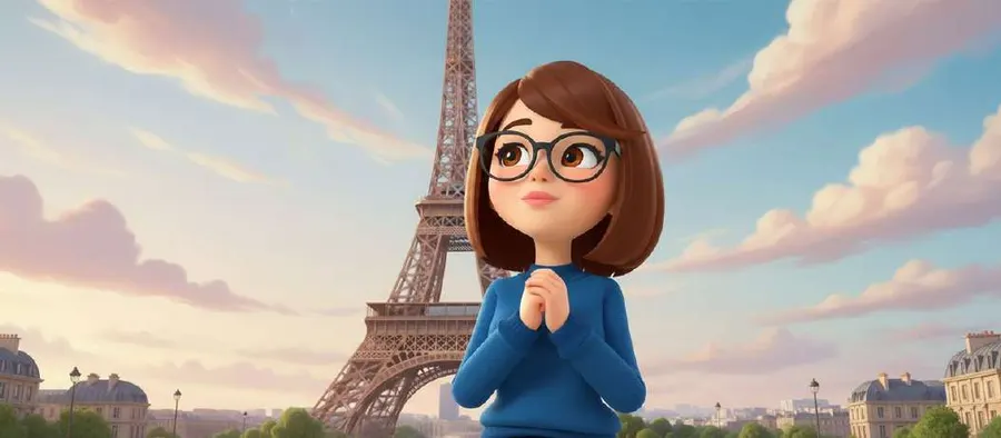 Mamá contempla la Torre Eiffel al atardecer, con los tejados de París al fondo
