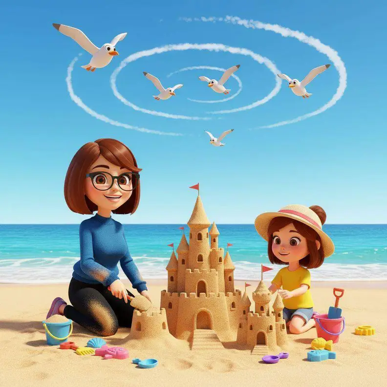 Madre e hija levantan un castillo de arena con torres y banderas en la playa de Copacabana, con gaviotas volando en círculo