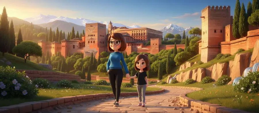 Madre e hija suben de la mano por un camino hacia la Alhambra, con Sierra Nevada nevada al fondo