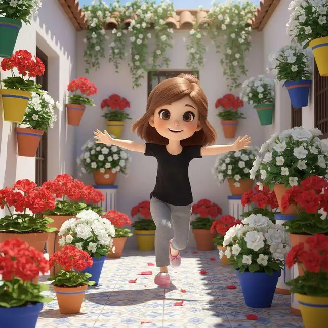 Elena corre con los brazos abiertos por un patio cordobés lleno de macetas de geranios rojos y flores blancas