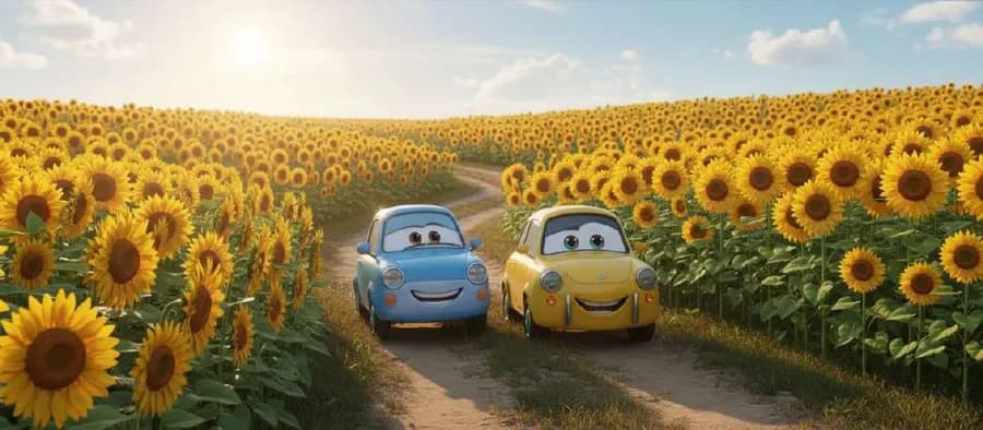 Dos coches con ojos y sonrisa, uno azul y otro amarillo, recorren un camino de tierra entre campos de girasoles