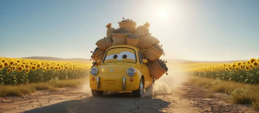 El coche amarillo avanza solo por un camino polvoriento, cargado hasta el techo de sacos, bajo un sol deslumbrante