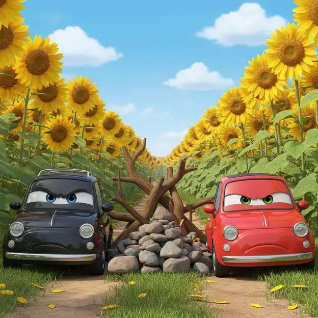 Un coche negro y otro rojo, con cara de enfado, flanquean un montón de piedras y ramas que corta el camino entre los girasoles