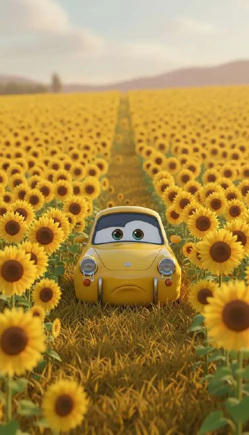 El coche amarillo, con la mirada triste, se ha quedado parado en mitad de un sendero estrecho entre girasoles