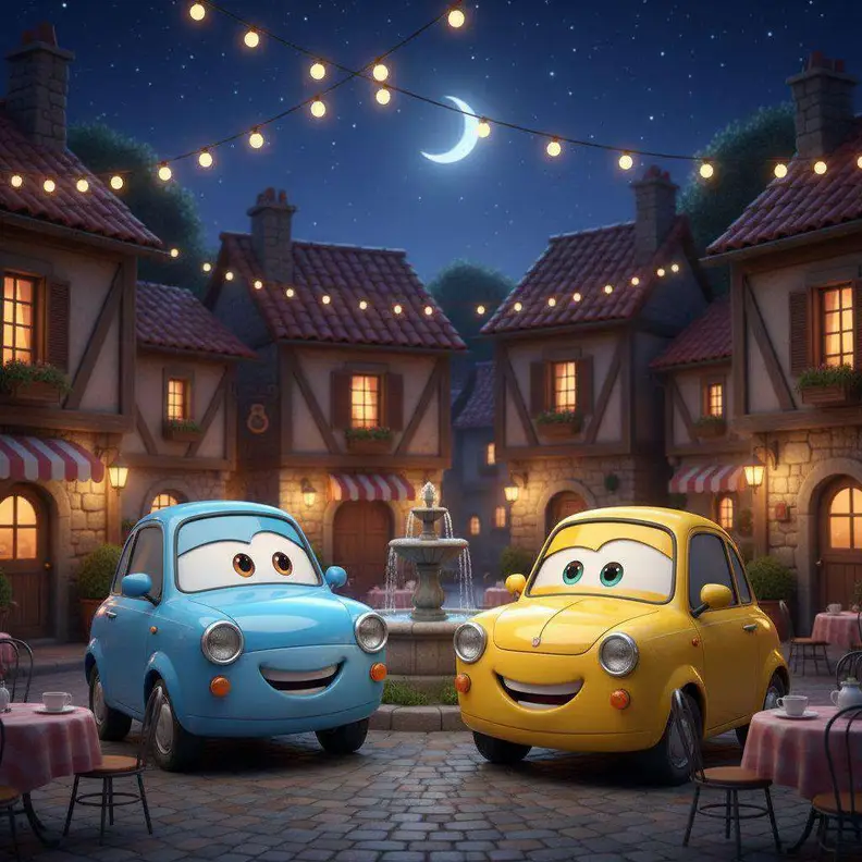 El coche azul y el amarillo charlan junto a la fuente de la plaza del pueblo, de noche, bajo guirnaldas de bombillas y la luna