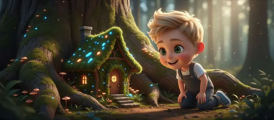 Un niño rubio descubre una casita diminuta de musgo y madera encajada entre las raíces de un árbol enorme, con las ventanas encendidas