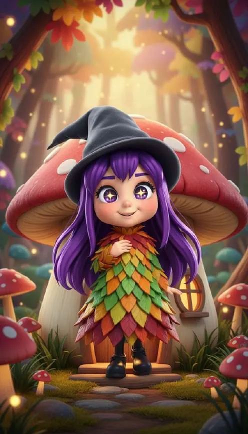 Una niña de pelo morado con un sombrero de seta y un vestido hecho de hojas de colores sostiene un farolillo en un bosque de setas rojas