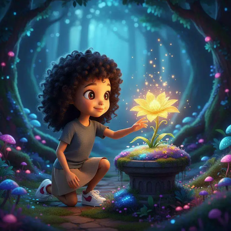 Una niña de pelo rizado se arrodilla para tocar una flor dorada que brilla sobre un pedestal de piedra, en un bosque azul lleno de setas luminosas